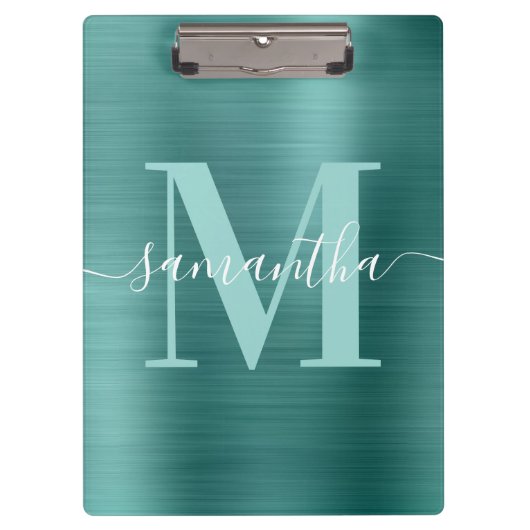 Handtekening Monogram Aqua Teal Glans Folie Klembord (Voorkant)