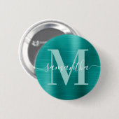 Handtekening Monogram Aqua Teal Glans Folie Ronde Button 5,7 Cm (Voorkant /achterkant)