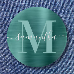 Handtekening Monogram Aqua Teal Glans Folie  Ronde Button 5,7 Cm