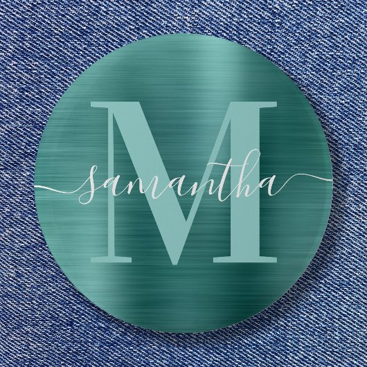 Handtekening Monogram Aqua Teal Glans Folie Ronde Button 5,7 Cm