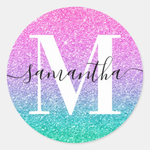Handtekening Monogram Roze Paarse Jade Ombre Glitt Ronde Sticker