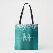 Handtekening Monogram Silver Glitter Aqua Blauwgro Tote Bag (Voorkant)
