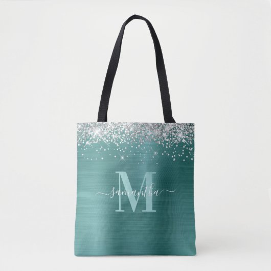 Handtekening Monogram Silver Glitter Aqua Blauwgro Tote Bag (Voorkant)