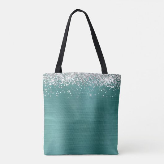 Handtekening Monogram Silver Glitter Aqua Blauwgro Tote Bag (Achterkant)