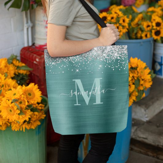 Handtekening Monogram Silver Glitter Aqua Blauwgro Tote Bag