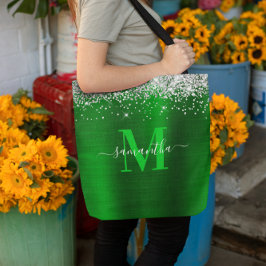 Handtekening Monogram Silver Glitter Green Folie Tote Bag