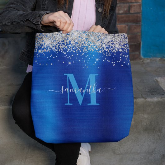 Handtekening Monogram Silver Glitter Royal Blue Fo Tote Bag