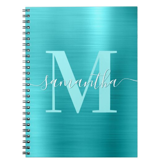 Handtekening Monogram Turquoise Blauwe Folie Notitieboek (Voorkant)
