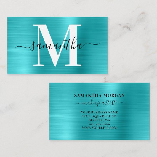Handtekening Monogram Turquoise Blauwe Glans Visitekaartje (Voorkant / Achterkant)