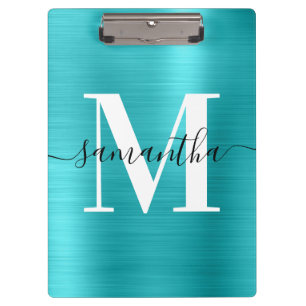 Handtekening Monogram Turquoise Blue Shimmer Folie Klembord
