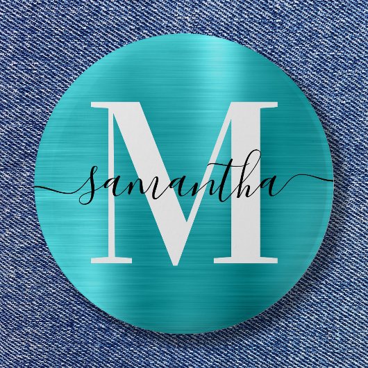 Handtekening Monogram Turquoise Blue Shimmer Folie Ronde Button 5,7 Cm
