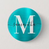 Handtekening Monogram Turquoise Blue Shimmer Folie Ronde Button 5,7 Cm (Voorkant)