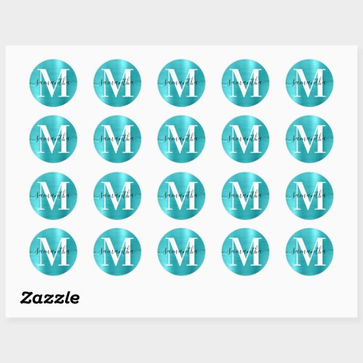 Handtekening Monogram Turquoise Blue Shimmer Ronde Sticker (Vel)