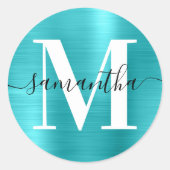 Handtekening Monogram Turquoise Blue Shimmer Ronde Sticker (Voorkant)