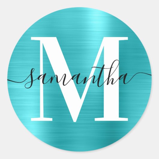 Handtekening Monogram Turquoise Blue Shimmer Ronde Sticker (Voorkant)