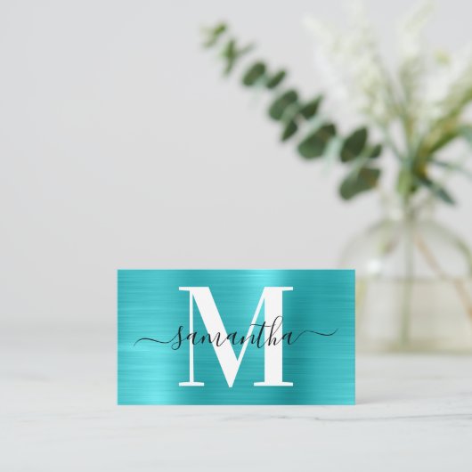 Handtekening Monogram Turquoise Blue Shimmer Visitekaartje (Staand voorkant)