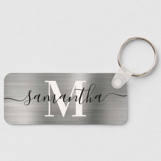 Handtekening Monogram Zilver Folie Dun Rechthoek Sleutelhanger (Voorkant)