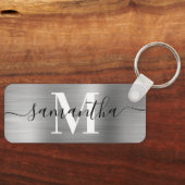Handtekening Monogram Zilver Folie Dun Rechthoek Sleutelhanger (Voorkant)