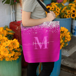 Handtekening Monogram Zilver Glitter Heet Roze Fol Tote Bag