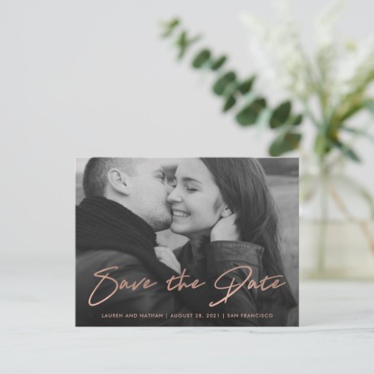 Handtekening | Nep roze gouden foto save the date Aankondigingskaart (Staand voorkant)