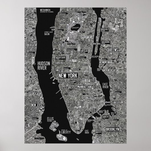 Handtekening New York City kaart zwart wit Poster (Voorkant)