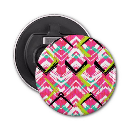 Handtekening Roze Zig Zag Patroon Button Flesopener (Voorkant)