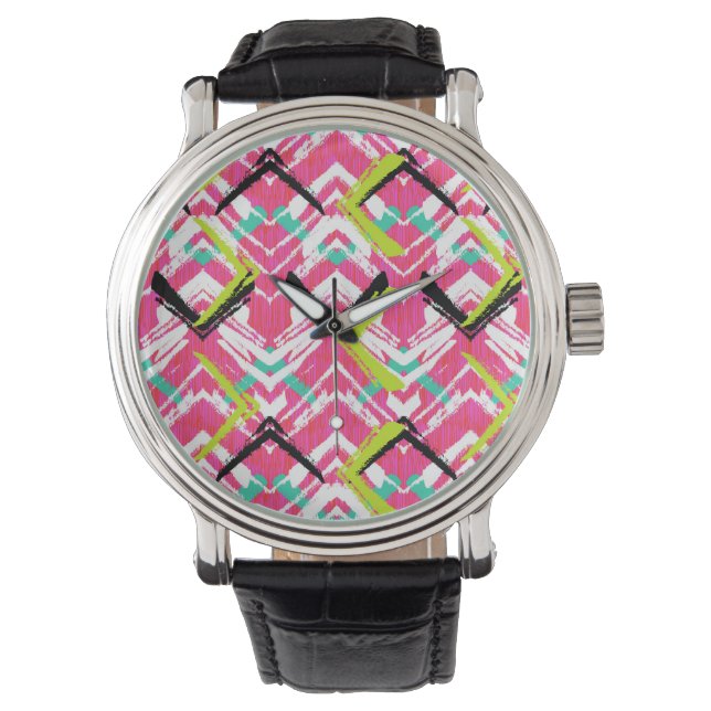 Handtekening Roze Zig Zag Patroon Horloge (Voorkant)