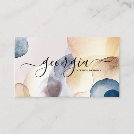 Handtekening Script Abstract Waterverf Goud Navy Visitekaartje (Voorkant)
