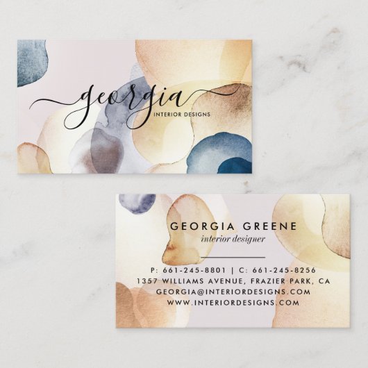 Handtekening Script Abstracte Waterverf Gold Navy Visitekaartje (Voorkant / Achterkant)