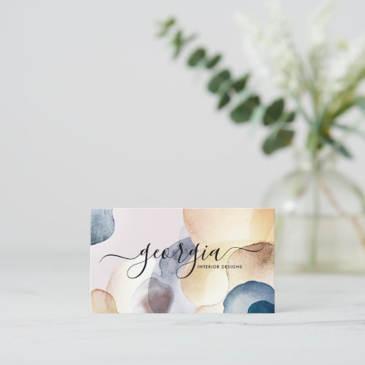 Handtekening Script Abstracte Waterverf Gold Navy Visitekaartje (Staand voorkant)