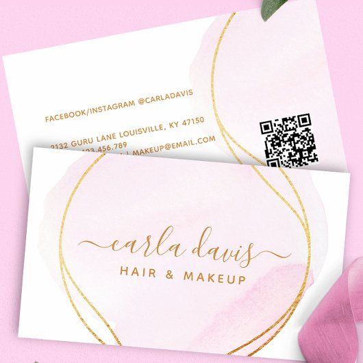 Handtekening Script Blush Roze Waterverf Goud QR Visitekaartje