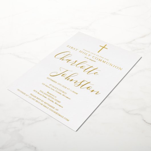 Handtekening Script Eerste Heilige Communie Goud Folie Uitnodiging (Gedraaid)