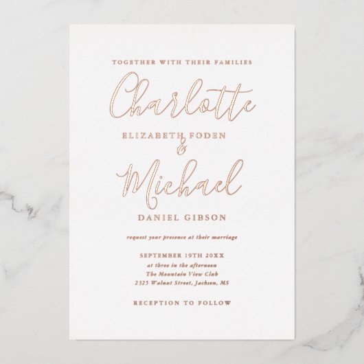 Handtekening Script Foto Bruiloft Rose Goud Folie Uitnodiging (Voorkant)