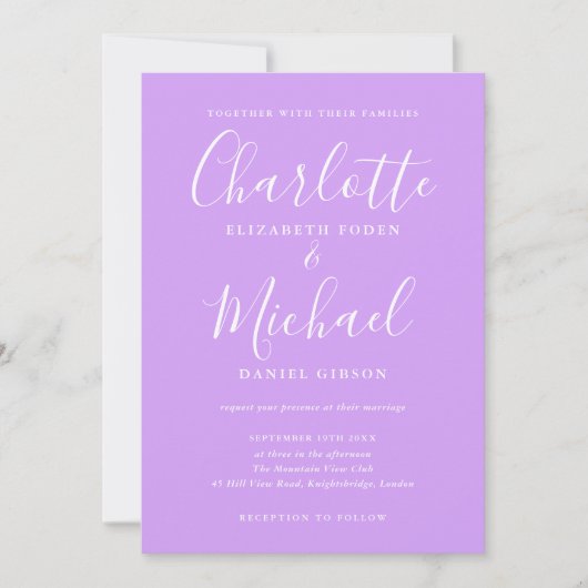 Handtekening Script Lavendel Lila Chic Bruiloft Kaart (Voorkant)