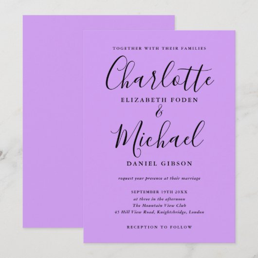 Handtekening Script Lavender Lila orchid Wedding Kaart (Voorkant / Achterkant)