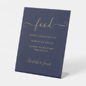 Handtekening Script Navy Blauwe En Gouden Eetmenu Reclamebord Met Voetstuk (Voorkant)