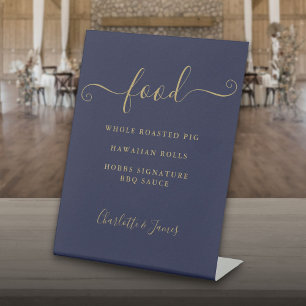 Handtekening Script Navyblauw En Gouden Eetmenu Reclamebord Met Voetstuk