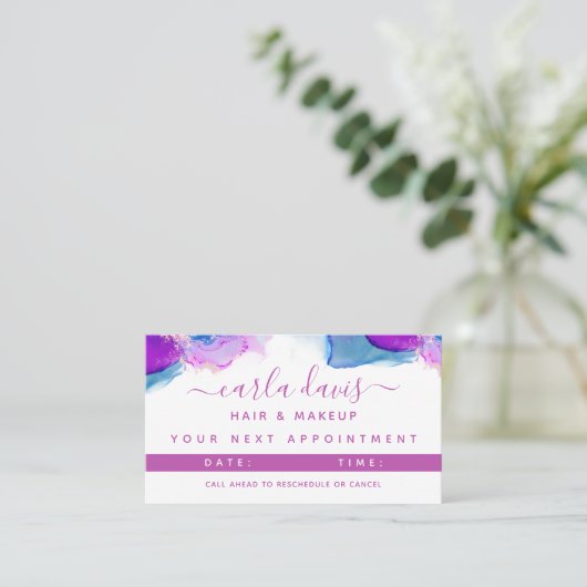 Handtekening Script Paars Blue Alcohol Ink Afsprakenkaartje (Staand voorkant)