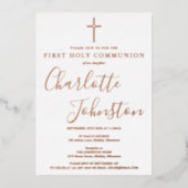 Handtekening Script Roos Gouden Foto Heilige Commu Folie Uitnodiging (Voorkant)