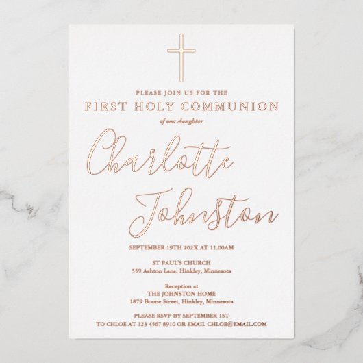 Handtekening Script Roos Gouden Foto Heilige Commu Folie Uitnodiging (Voorkant)