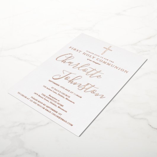 Handtekening Script Roos Gouden Foto Heilige Commu Folie Uitnodiging (Gedraaid)