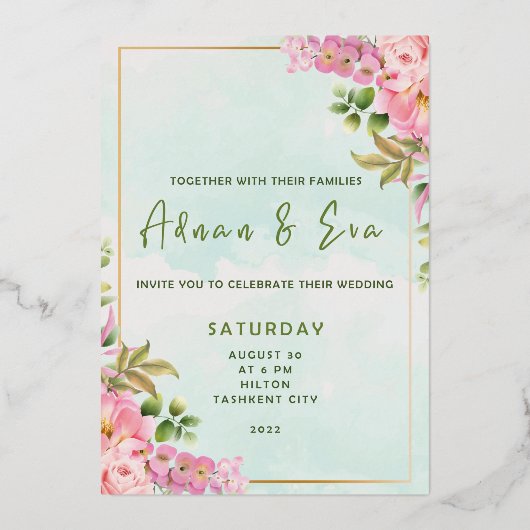 Handtekening Script, Roze & Blush Bloemen Bruiloft Folie Uitnodiging (Voorkant)