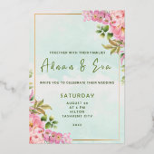 Handtekening Script, Roze & Blush Bloemige Folie B Uitnodiging (Voorkant)