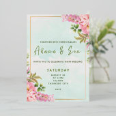 Handtekening Script, Roze & Blush Bloemige Folie B Uitnodiging (Staand Voorkant)