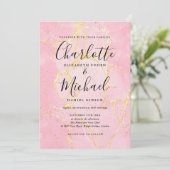Handtekening Script Roze Goud Agate Marmer Bruilof Kaart (Staand voorkant)