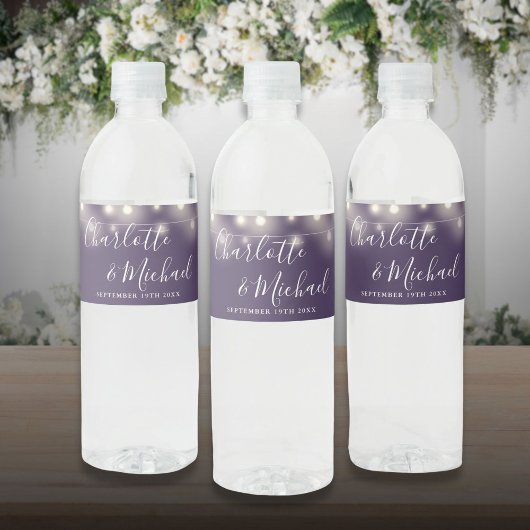 Handtekening Script Snaar Lichtjes Paars Huwelijk Waterfles Etiket