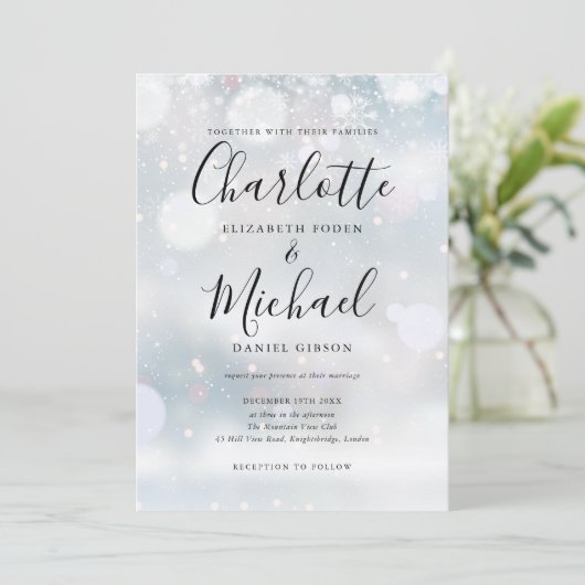 Handtekening Script Sneeuwvlokken Winter bruiloft Kaart (Staand voorkant)