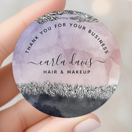 Handtekening Script Waterverf Paars Zwart Zilver Ronde Sticker
