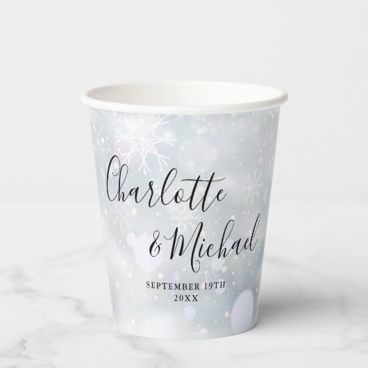 Handtekening Script Winter Sneeuwvlokken Bruiloft Papieren Bekers (Achterkant)