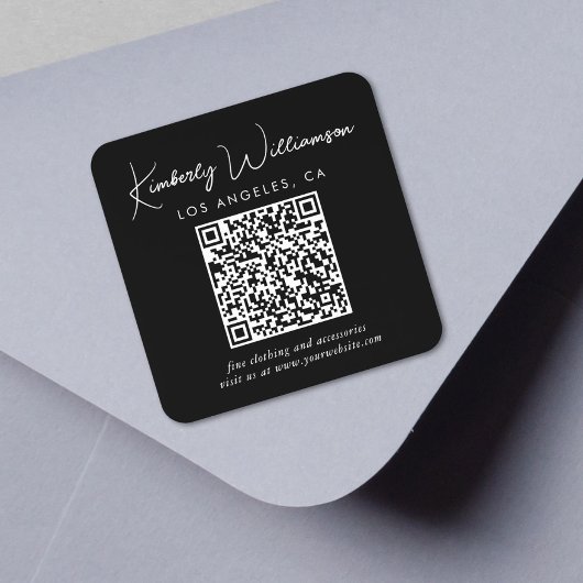 Handtekening Script Zwart QR Code Vierkante Sticker